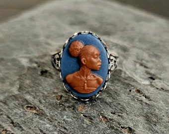 African cameo ring, silver cameo ring, blue cameo ring, African jewelry, cameo jewelry, Kwanzaa gift, gift for mom, unique gift idea