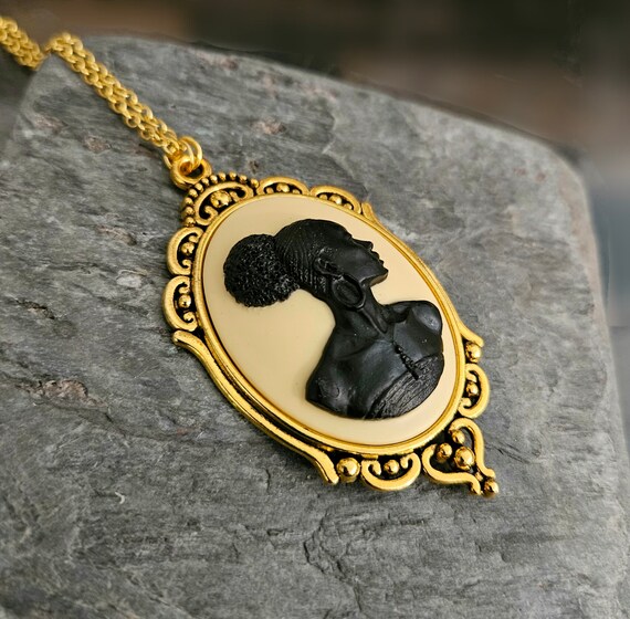 African Cameo Necklace, Black Cameo Necklace, Long Necklace