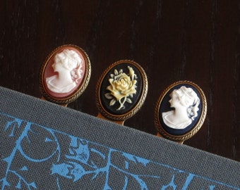 Antiqued Brass Cameo Bookmark: Floral, Rose, or Lion