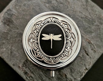 Dragonfly pill box, silver pill box, dragonfly cameo pill case, bridesmaid gift, holiday gift ideas, unique Christmas gift, gift for her