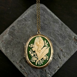 Lily Flower Cameo Locket, Green Cameo Necklace, Lily of the Valley ...