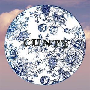 Puede incluir: Un plato redondo blanco con un patrón floral azul y blanco. La palabra "CUNTY" está impresa en letras negras en el centro del plato.