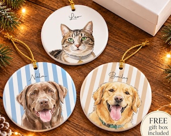 Personalized Pet Portrait Ornament, Custom Dog or Cat Christmas Ornament, 1 or 2 Pets, Ceramic Keepsake