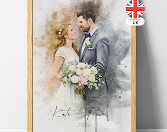Custom Art Print from Photo, Couple Portrait Gift for Wedding Anniversary Engagement, Watercolor Portrait Painting from Photo, Gift for Him
