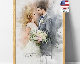 Watercolor Couple Portrait from Photo, Custom Wedding Anniversary Gift for Wife Husband Parents, Engagement Gift for Friend, Unique Wall Art