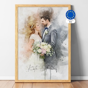 Custom art print from photo featuring a romantic couple portrait in soft watercolor style, personalized wedding anniversary and engagement gift for him or her