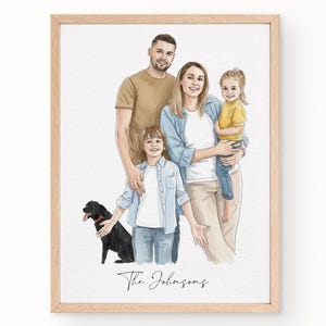 May include: A framed portrait of a family of four and a black dog. The family is depicted in casual attire, with the parents and two children. The family name, "The Johnsons," is written in cursive at the bottom of the portrait.