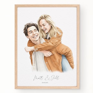 May include: A framed watercolour portrait of a couple, with the man carrying the woman on his back. The woman wears a tan jacket, and the man wears a white sweater. The text "Matt & Jill" and the date "20.04.2025" are at the bottom.