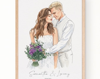 Custom Watercolor Wedding Portrait, 1st Anniversary Gift, Couple Painting From Photo, Personalized Wedding Gift, Hand-Drawn Painted