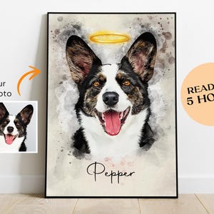 デジタルプリント、写真からパーソナライズされた水彩画のペットの肖像画、カスタム犬猫絵画ギフトメモリアル装飾キャンバス、額入り壁アート
