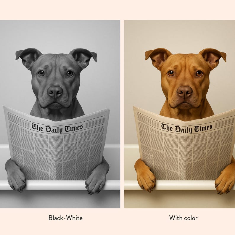 Peut inclure: Deux images c&ocirc;te &agrave; c&ocirc;te : une en noir et blanc, l'autre en couleur. Les deux montrent un chien dans une baignoire lisant un journal. Le journal dans les deux images se lit "The Daily Times". L'image en couleur montre un chien brun.