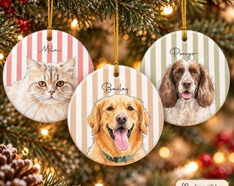Personalized Pet Portrait Ornament, Custom Dog or Cat Christmas Ornament, 1 or 2 Pets, Ceramic Keepsake Memorial Pets