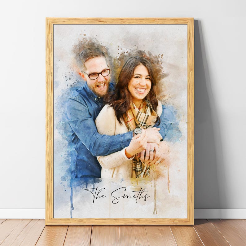 Custom watercolor painting from photo turned into an art print, featuring a couple portrait perfect as wedding anniversary or engagement keepsake