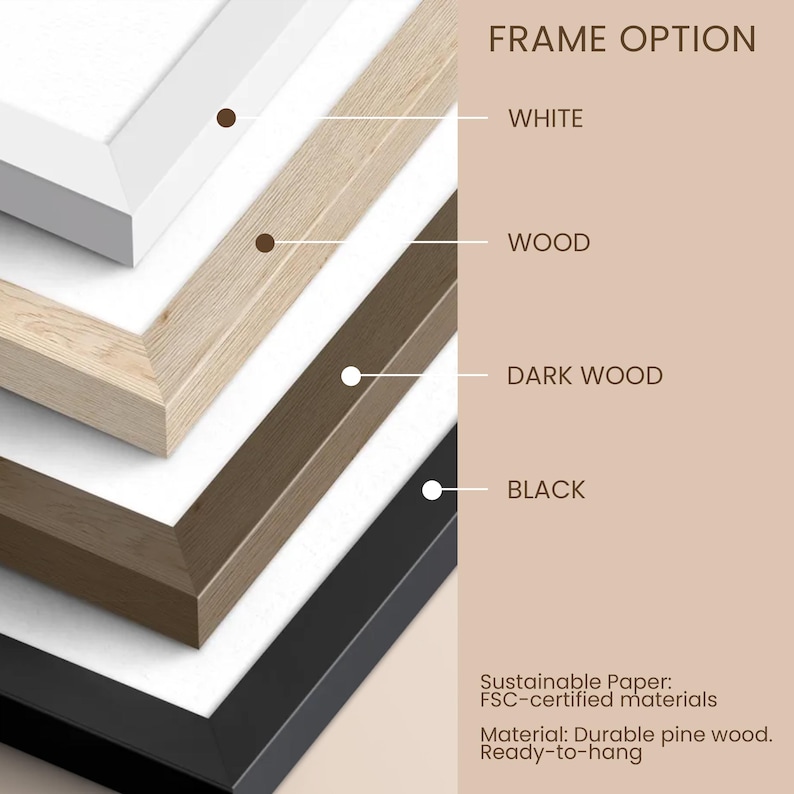 Frame Options: White Frame, Black Frame, Wooden Frame, Dark Wood Frame