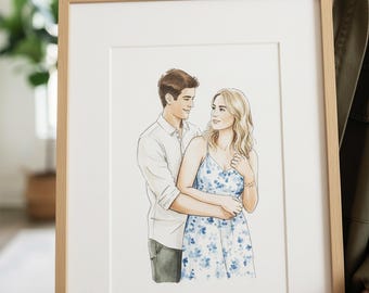 May include: A framed watercolour illustration of a couple embracing. The woman wears a blue floral dress, and the man is in a white shirt and grey trousers. The artwork is in a light wood frame with a white mount.