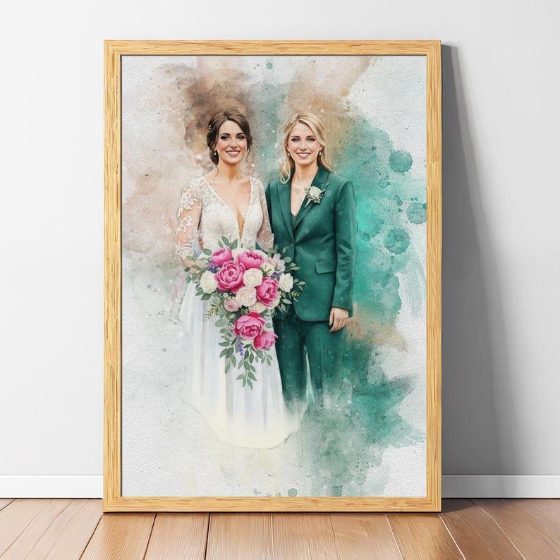 Hand-drawn watercolor portrait painting from photo of a couple, custom art print ideal for wedding anniversary or engagement gift for him or partner