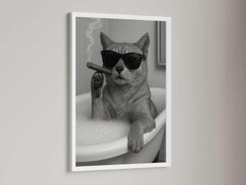 May include: Black and white framed print of a cat in a bathtub wearing sunglasses and smoking a cigar. The cat is surrounded by bubbles, with smoke rising from the cigar. The image has a humorous and relaxed theme.