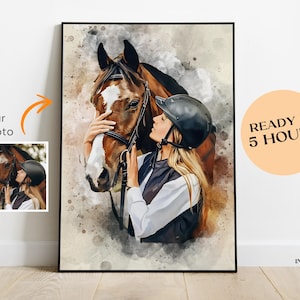 May include: A framed watercolor-style portrait of a horse and rider. The horse is brown and white, and the rider is wearing a black helmet and vest. The text "READY IN 5 HOURS" is in a circle.