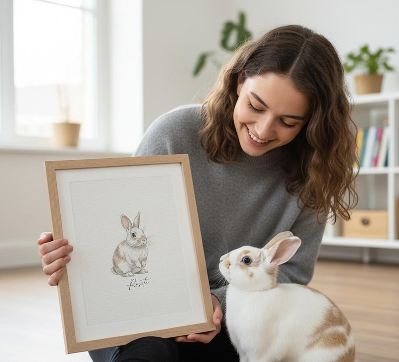 May include: A framed watercolor print of a rabbit with tan and white fur. The print is in a light wood frame. A live rabbit with similar coloring is next to the framed print. The word "Rosita" is written below the rabbit in the print.