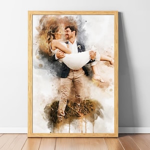 Personalized couple watercolor portrait from photo, custom wall art print designed for wedding anniversary, engagement celebration, or romantic gift for him