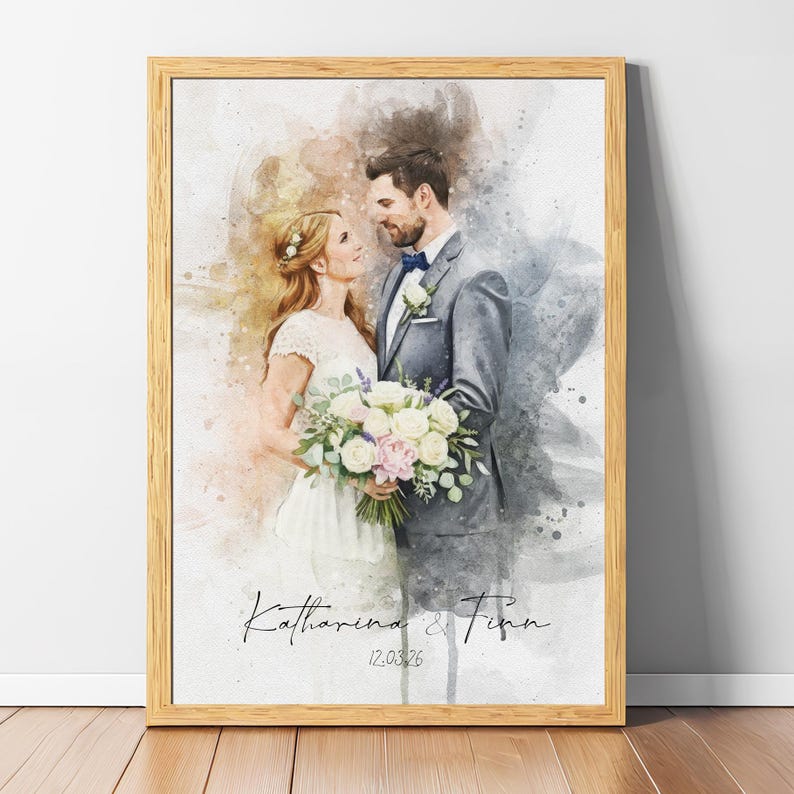 Romantic custom couple portrait art print from photo in soft watercolor style, meaningful personalized gift for weddings, anniversaries, and engagements