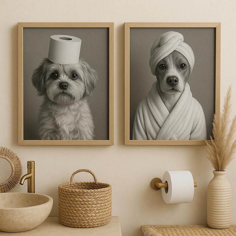 May include: Two framed grayscale prints of dogs. One dog wears a toilet paper roll as a hat, the other wears a towel turban and a robe. The bathroom setting includes a woven basket, a sink, and a toilet paper holder.