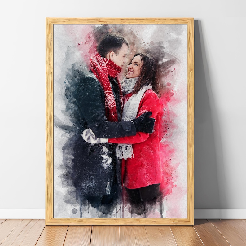 Custom art print from photo of a loving couple, hand-painted watercolor portrait style created as a personalized engagement or anniversary gift