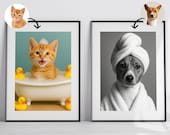 Custom Pet Portrait, Dog Bathroom Art, Funny Bathroom Poster, Dog in Toilet, Dog Reading Newspaper on Toilet, Pet Owner Gift