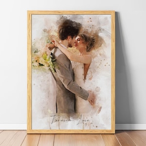 Personalized watercolor portrait painting from photo of a couple, custom art print ideal as wedding anniversary gift or meaningful engagement present