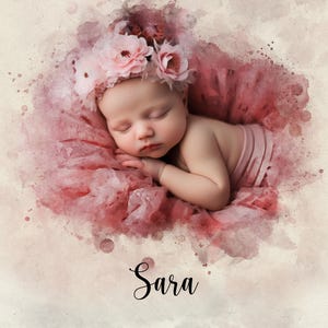 Aquarel babyportret, aangepaste pasgeboren kunst, digitaal schilderen van foto, kwekerij print, babyshower cadeau, afdrukbare aandenken, illustratie