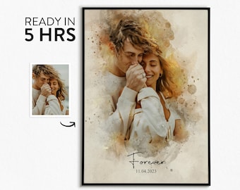 May include: A watercolor painting of a couple embracing. The couple is standing in front of a light brown background with a watercolor effect. The text "Forever" and the date "11.04.2023" are written below the couple.