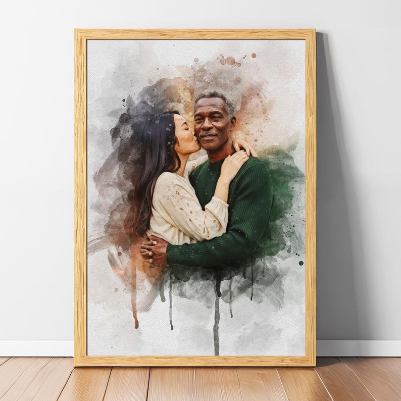 Custom art print created from a couple photo, elegant watercolor portrait painting designed as a timeless wedding anniversary and engagement gift