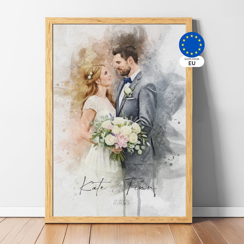 Custom art print from photo featuring a romantic couple portrait in soft watercolor style, personalized wedding anniversary and engagement gift for him or her