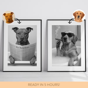 Custom Pet Portrait Photo,Funny Bathroom Art,Dog Reading Newspaper on Toilet,Dog Wall Art,Dog in Toilet,Pet in Bathtub,Personalized pet gift