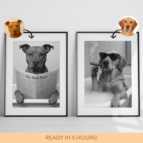 Custom Pet Portrait Photo,Funny Bathroom Art,Dog Reading Newspaper on Toilet,Dog Wall Art,Dog in Toilet,Pet in Bathtub,Personalized pet gift