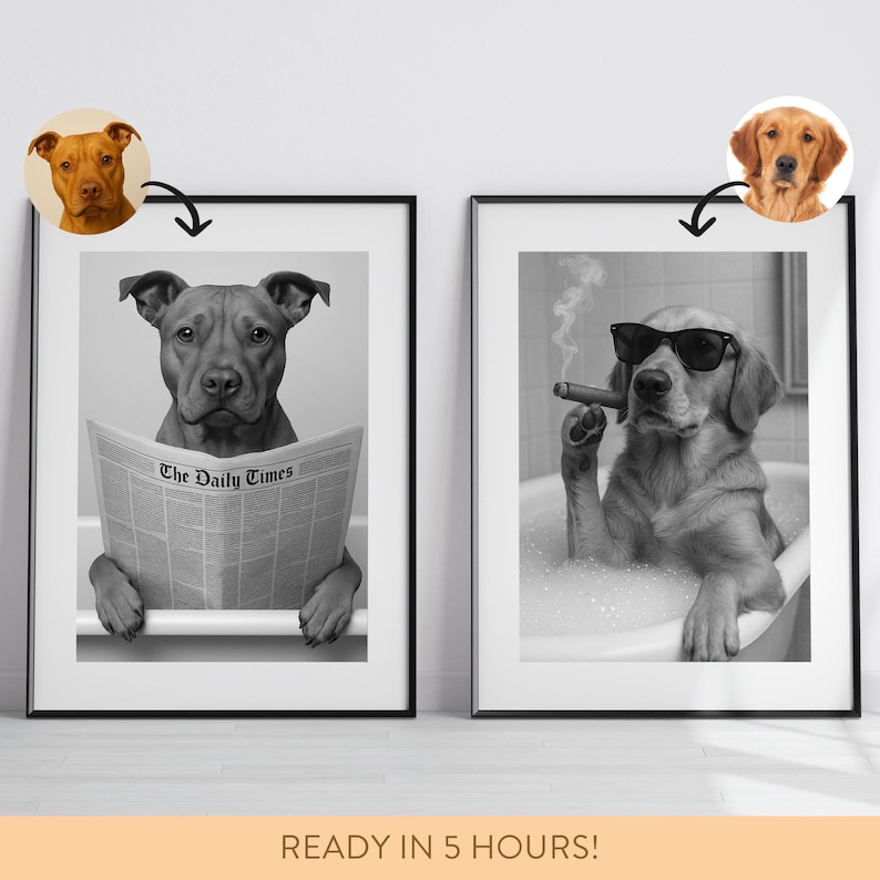 Custom Pet Portrait Photo,Funny Bathroom Art,Dog Reading Newspaper on Toilet,Dog Wall Art,Dog in Toilet,Pet in Bathtub,Personalized pet gift