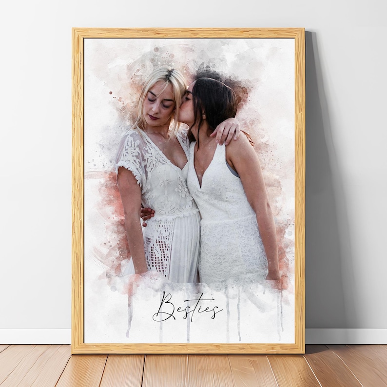 Custom couple portrait from photo in elegant watercolor painting style, unique handmade art print perfect for wedding, anniversary, or engagement gift for him