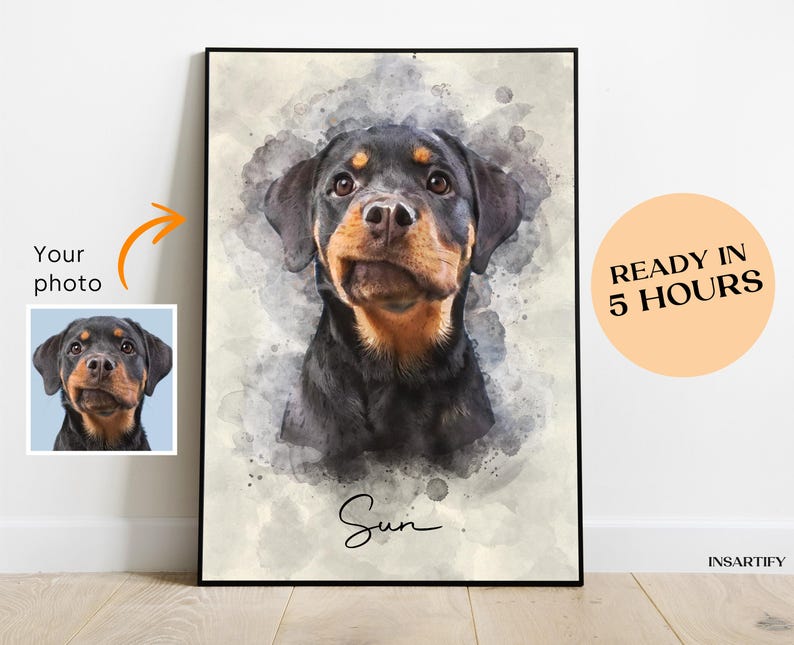 Personalized Digital Pet Portraits from photo, Custom Dog and Cat painting gift memorial decorative wall art.