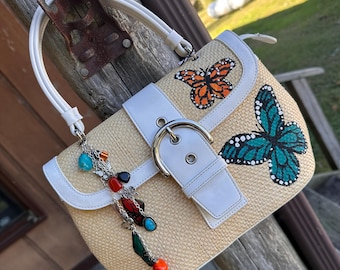 Butterfly Wicker Handbag, upcycled purse, hand painted purse