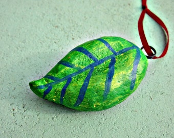 Ornament, Green Handmade Paper Mache Leaf with Red Ribbon WAS 15.00