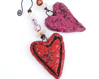 Rustic Crackled Paper Mache Heart Ornaments with Beaded Hooks: Gemini Series