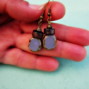 Fire Polished Lavender Glass and Dark Wood on Rustic Brass Dangle Earrings: Plunge image 5