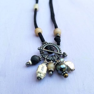 Necklace 3 Way Convertible Black Faux Suede Cord with Beads and Gunmetal Toggle Clasp: Perris