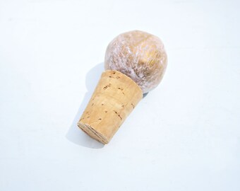 Bottle Stopper, Rustic White and Gold Paper Mache Ball on Cork: Siobahn