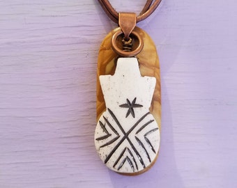 Stone and Bone Leather Cord Adjustable Pendant Necklace: Kenya