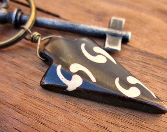 Rustic Brass Keyring or Purse Charm with Dark Brown and White Dyed Bone Accent: Spear WAS 8.00