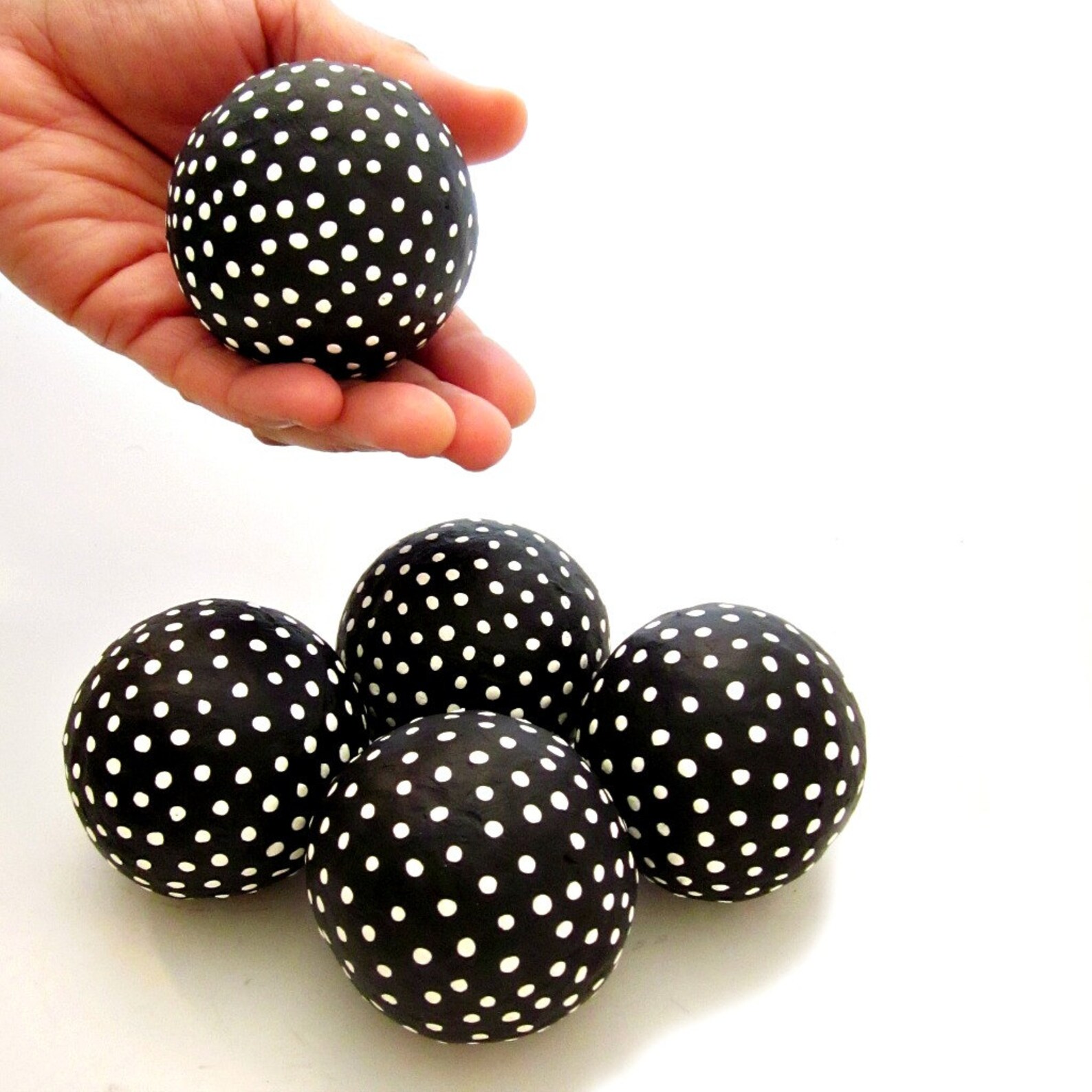 Decorative Paper Mache Accent Balls Set of Five Black Polka Etsy