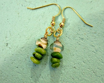 Gold Dangle Earrings with Dichroic Glass and Green Stone Chips: Inchworm