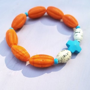 Armband, Glas- und Recyclingpapier Perle Orange und Blau Stretch Kugel: Sandra
