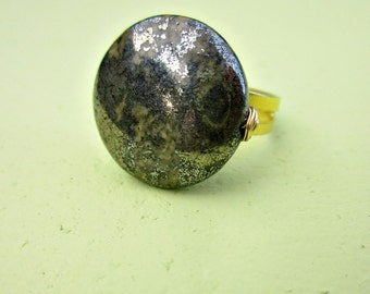 Pyrite on Adjustable Wired Gold Plated Ring: Saturn